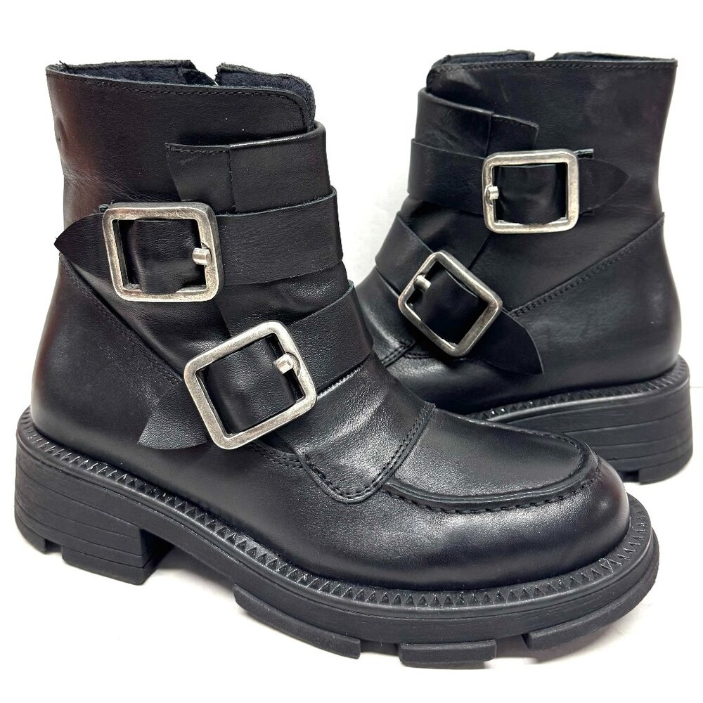 MIZ MOOZ LEATHER BOOTS BUCKLE SIDE ZIPPER BLACK 37EU / 7US NEW # Z-233 - Picture 1 of 5